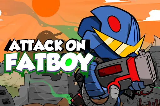 Personagem robótico azul segurando uma arma grande em um cenário de batalha com um céu laranja ao fundo. À esquerda, o texto "Attack on Fatboy" em destaque, com a palavra "Fatboy" em verde e branco. Ruínas e fumaça indicam destruição ao redor.